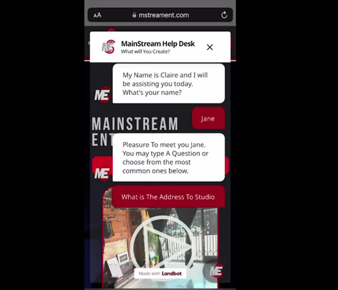 landbot.io Chatbot builder displayed on mainstream entertainment mobile view