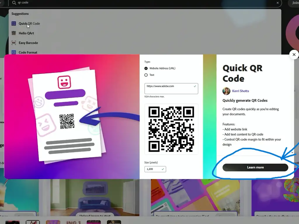 in adobe choose a third party Qr code generator with text input. click learn more to install.